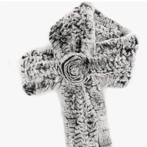 NWT Fur Story Woven Neck Scarf Rex Rabbit Fur 35" x 5" with Rosette READ